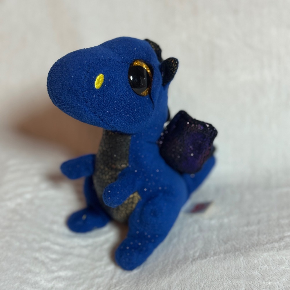 Ty Saffire Plush 9" Medium Blue Sparkle Dragon Gold Scale Belly Stuffed Animal